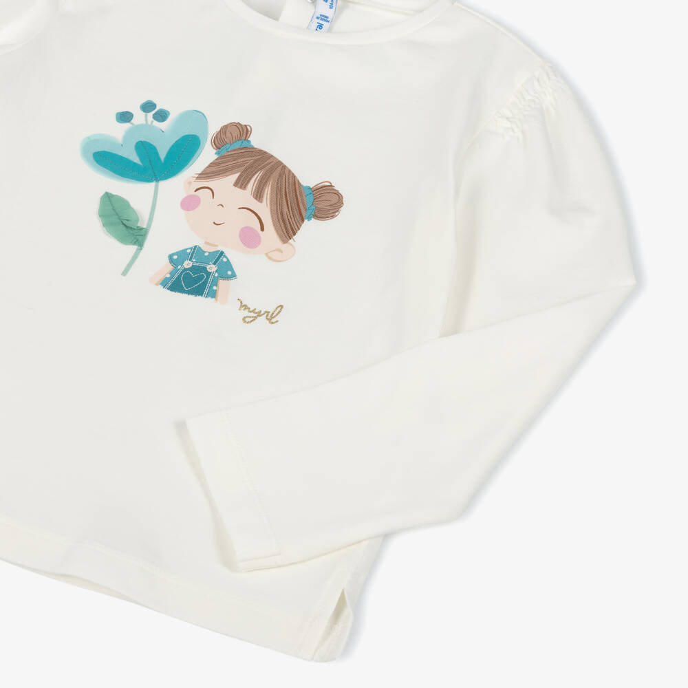 Mayoral-Girls Blue & Cream Long Sleeve Tee | Childrensalon Outlet