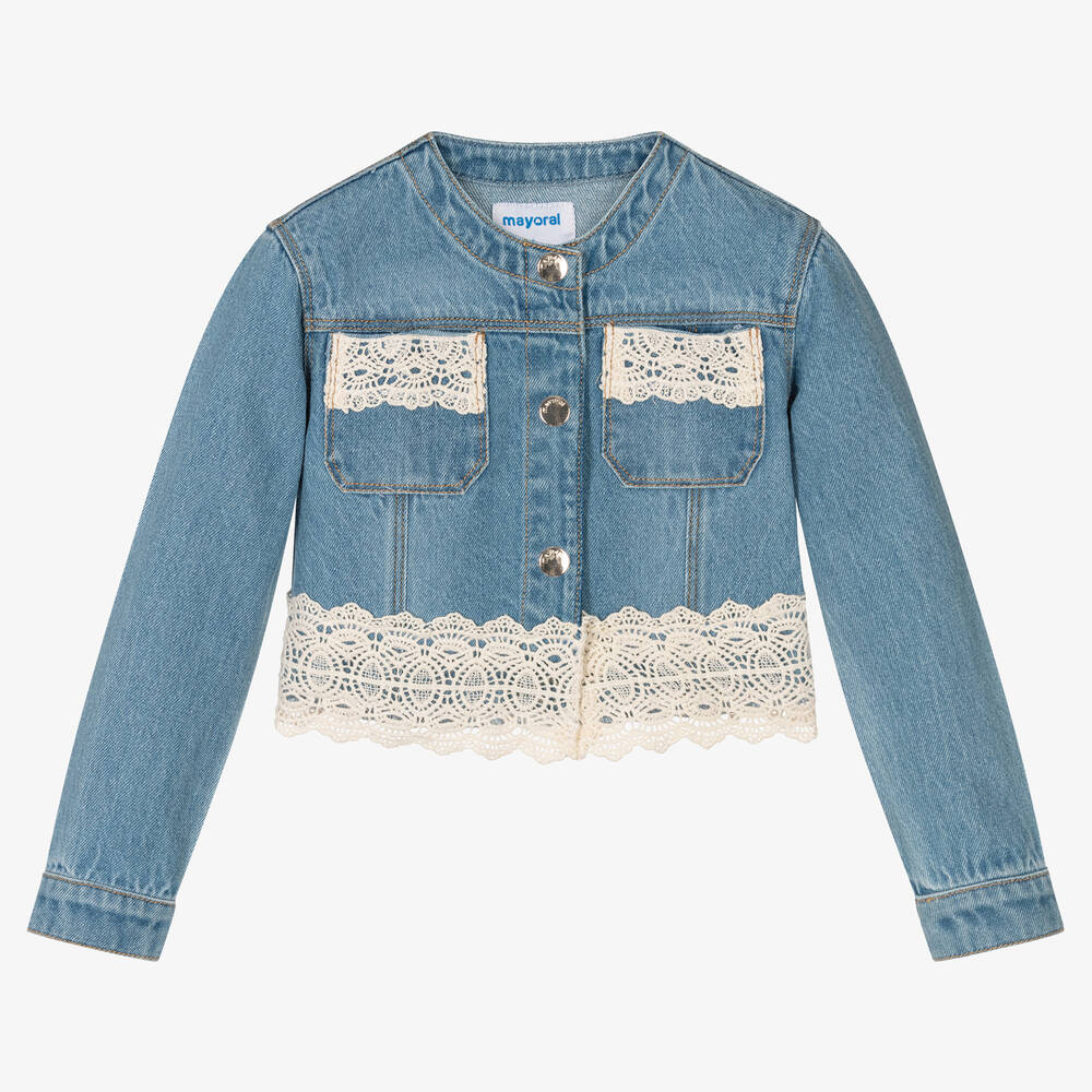 Mayoral - Girls Blue Crochet Denim Jacket | Childrensalon