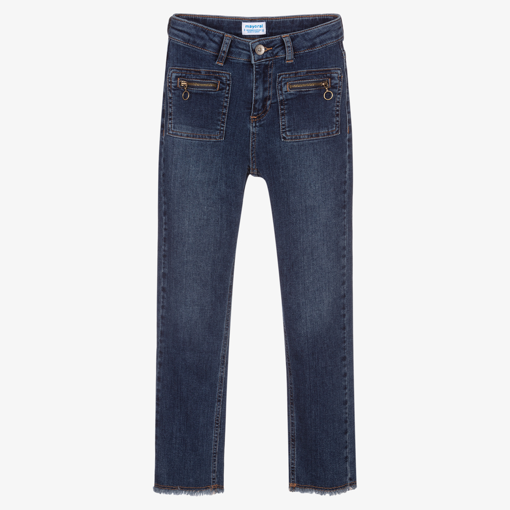 Mayoral-Girls Blue Denim Cropped Jeans | Childrensalon Outlet