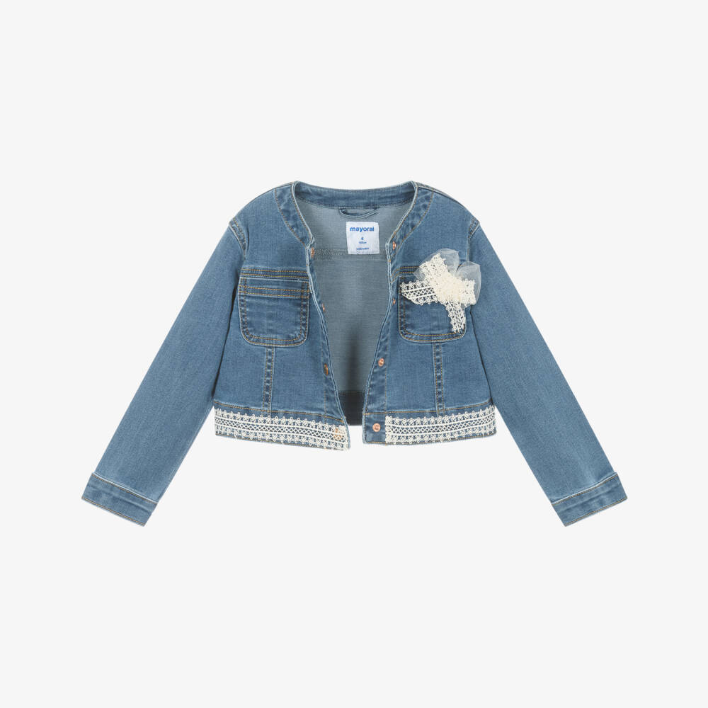 Mayoral-جاكيت دنيم أزرق للبنات بأناقة الدانتيل | Childrensalon Outlet