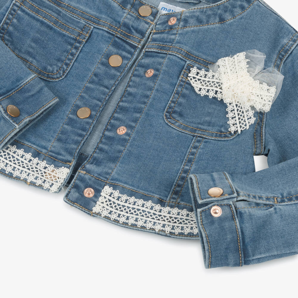 Mayoral-جاكيت دنيم أزرق للبنات بأناقة الدانتيل | Childrensalon Outlet
