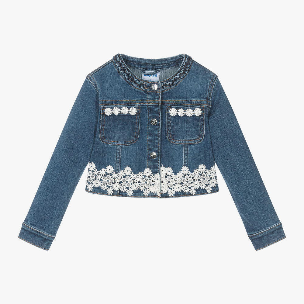 Mayoral-Girls Blue Denim & Lace Jacket | Childrensalon Outlet