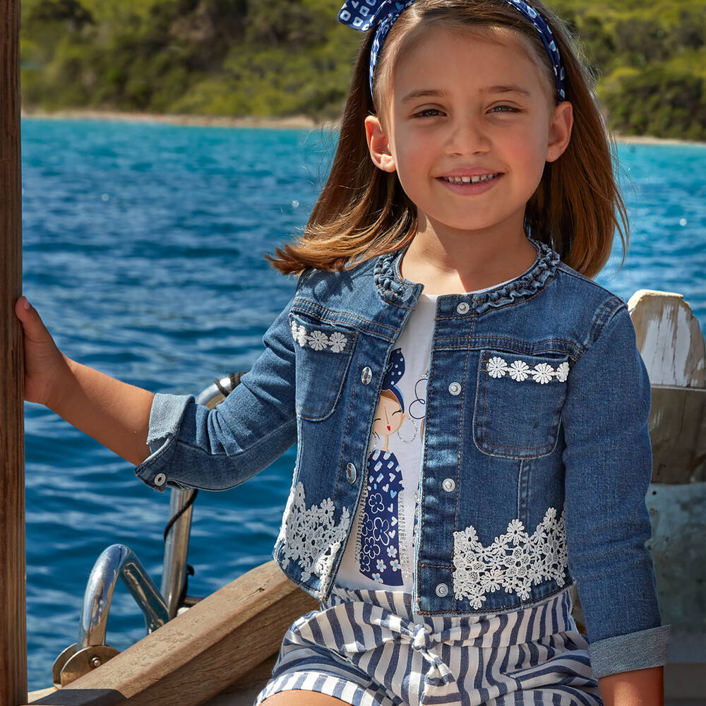 Mayoral-Girls Blue Denim & Lace Jacket | Childrensalon Outlet