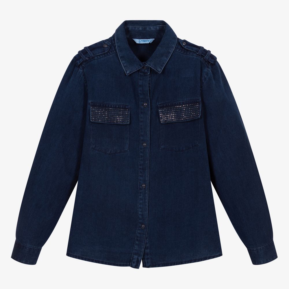 Mayoral - Girls Blue Denim-Look Shirt | Childrensalon