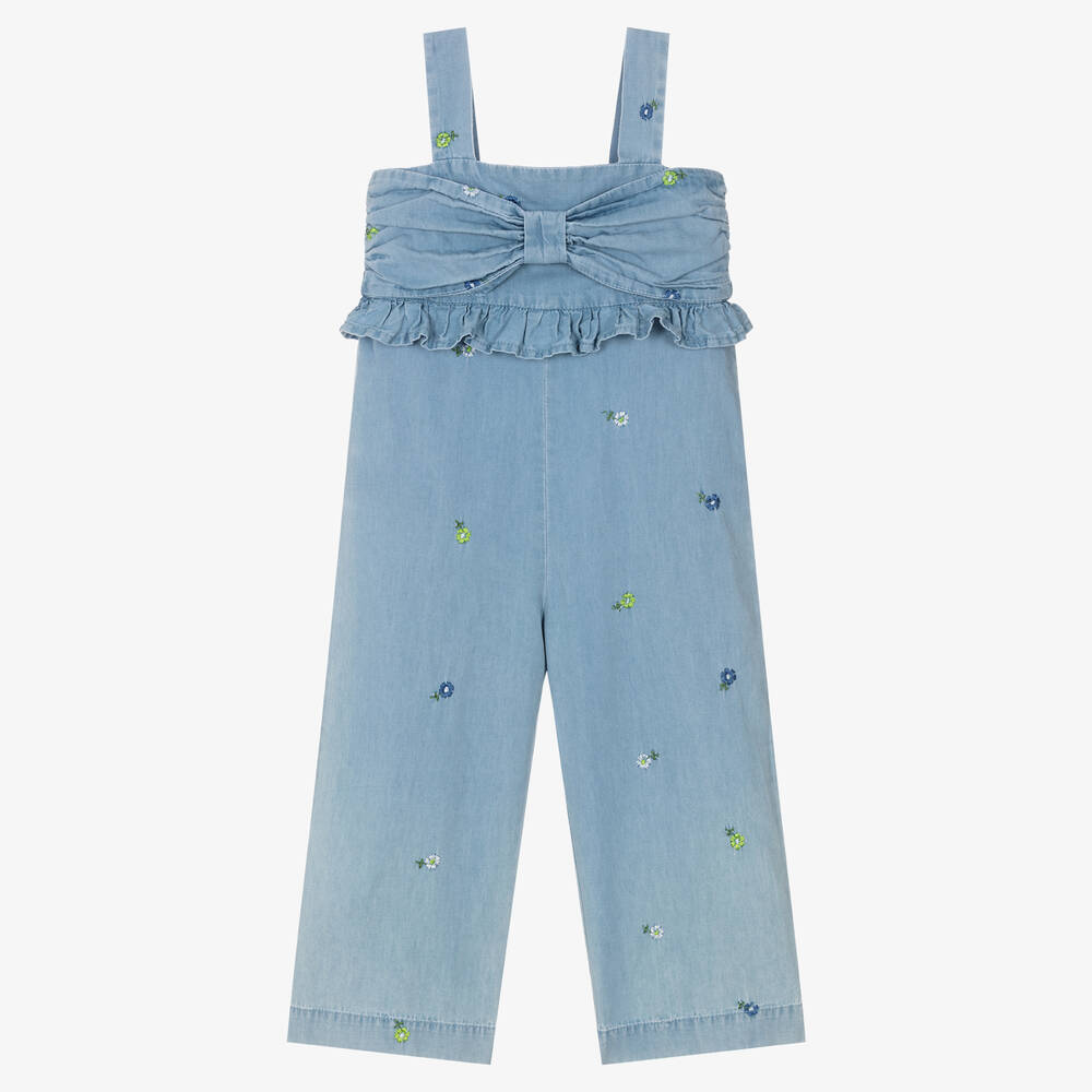 Mayoral - Girls Blue Embroidered Chambray Jumpsuit | Childrensalon