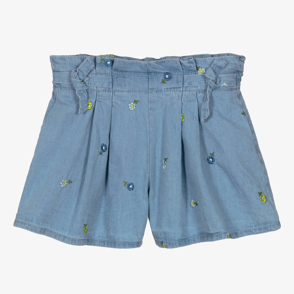 Mayoral - Girls Blue Embroidered Chambray Shorts | Childrensalon