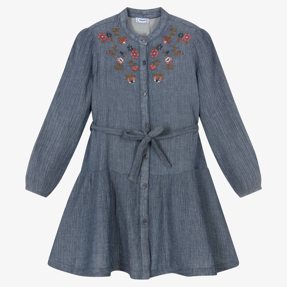 Mayoral - Girls Blue Embroidered Dress | Childrensalon