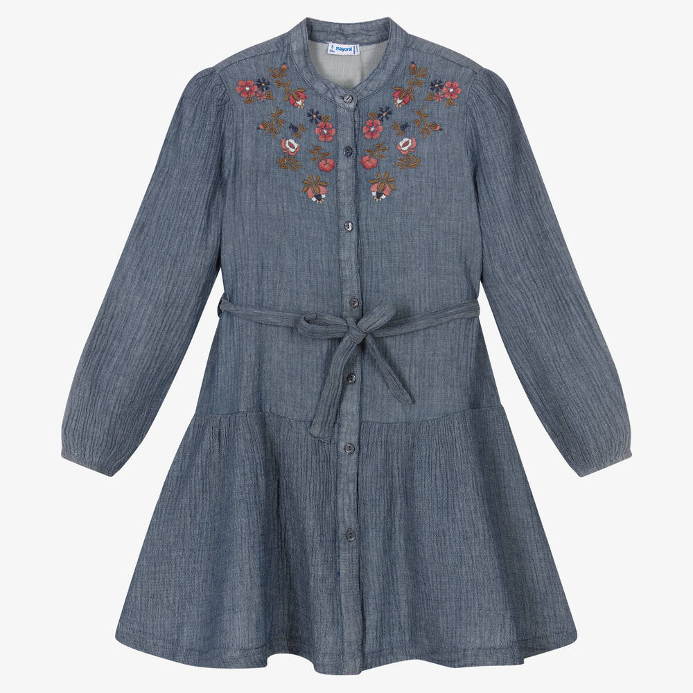 Mayoral - Robe bleue brodée fille | Childrensalon