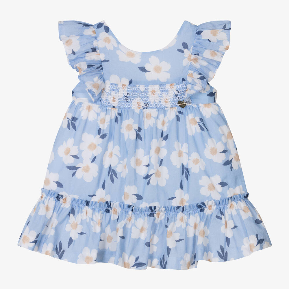 Mayoral-Girls Blue Floral Cotton Shirred Dress | Childrensalon Outlet