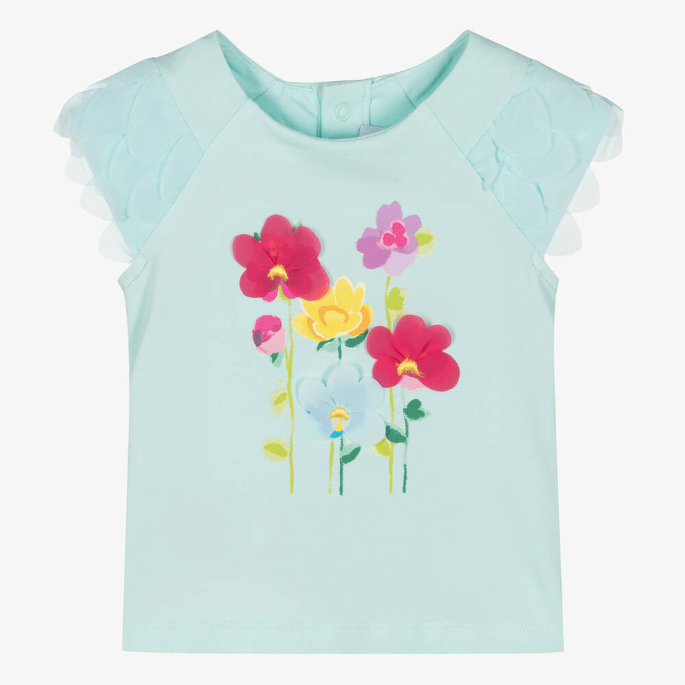Mayoral - Girls Blue Floral Cotton T-Shirt | Childrensalon
