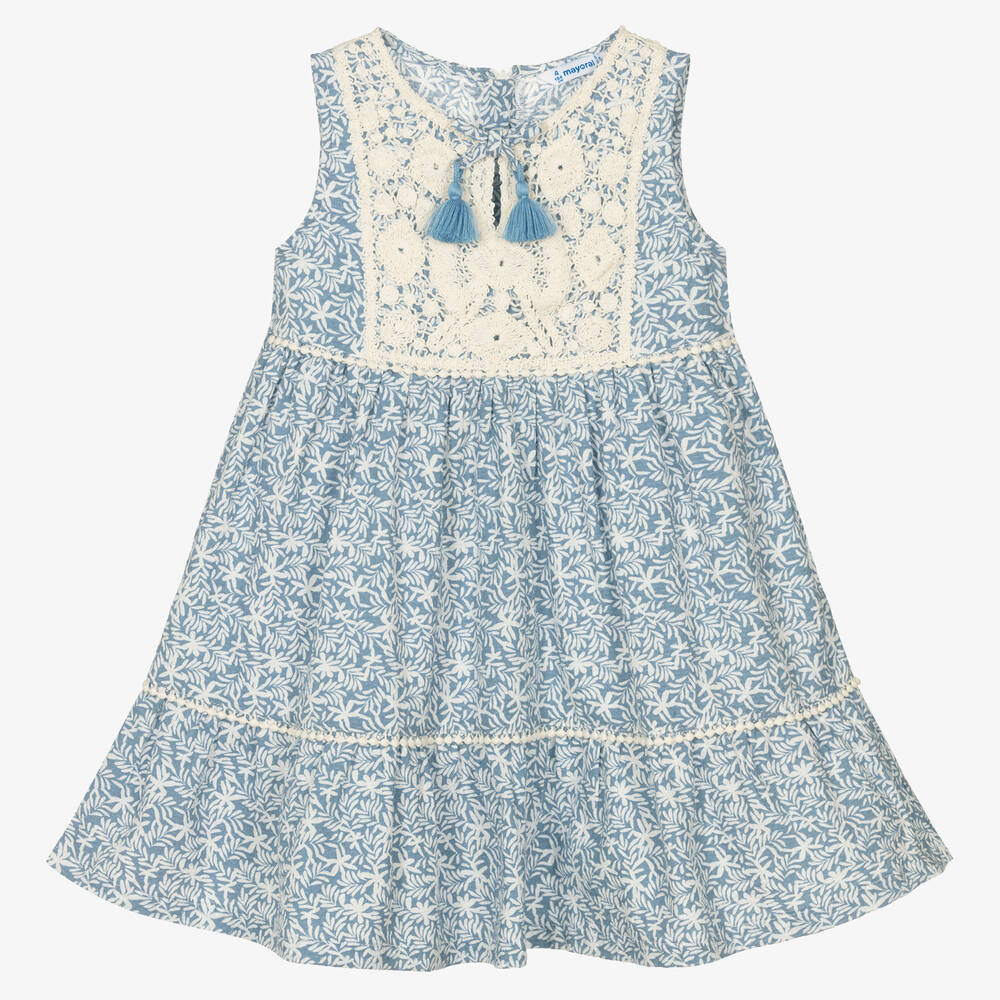 Mayoral - Голубое хлопковое платье в цветочек | Childrensalon