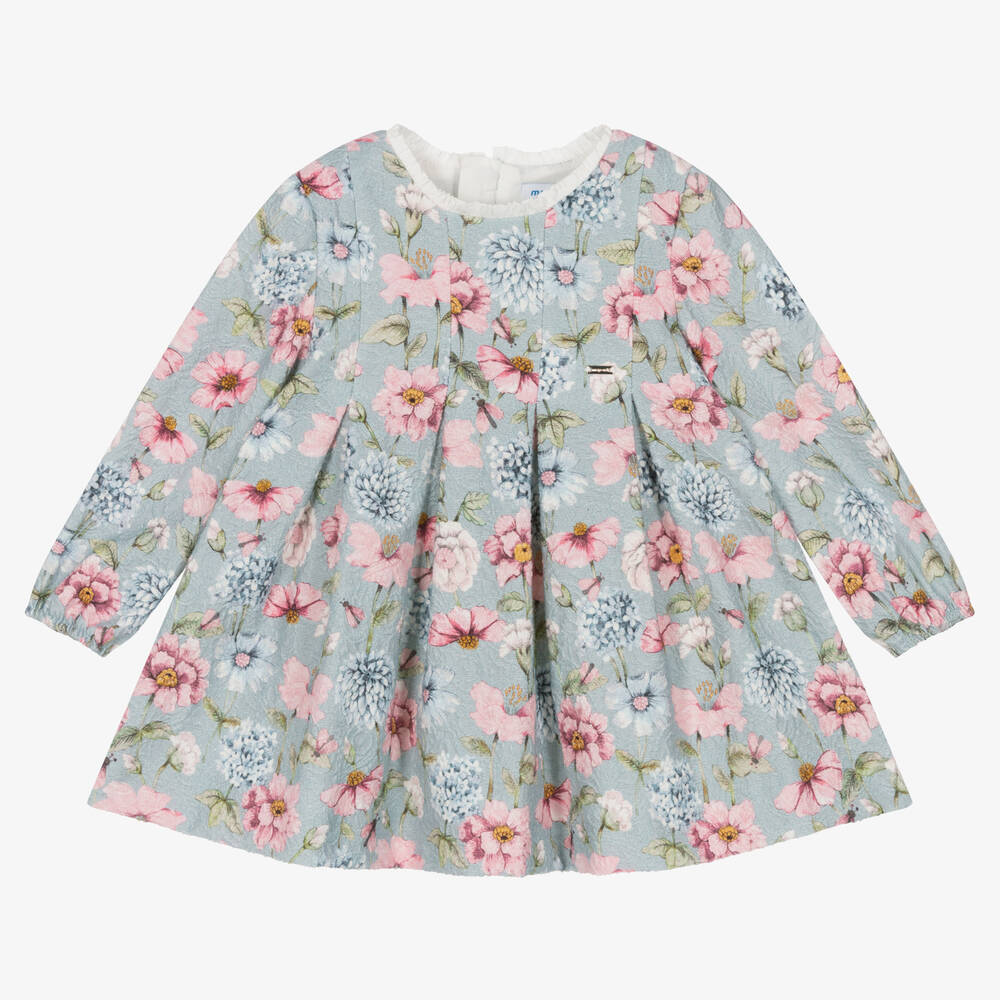 Girls Blue Floral Jacquard Dress