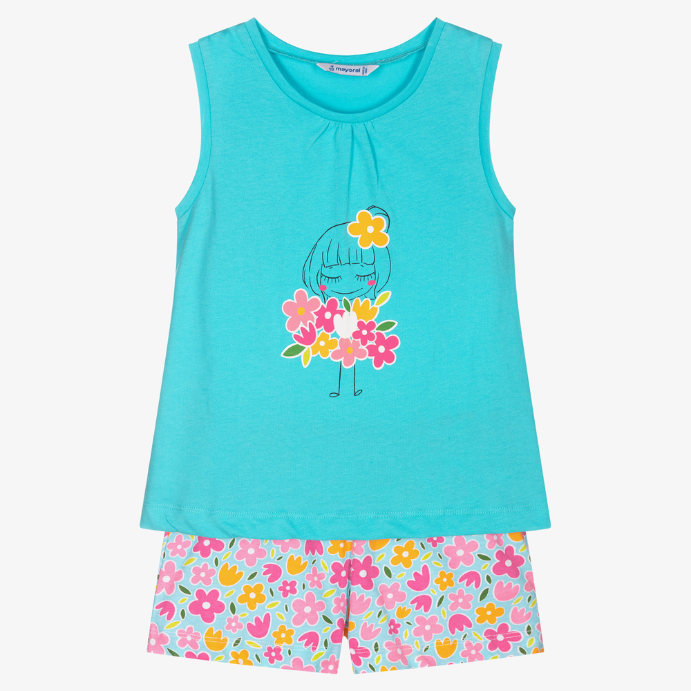 Mayoral - Голубая пижама в цветочек для девочек | Childrensalon