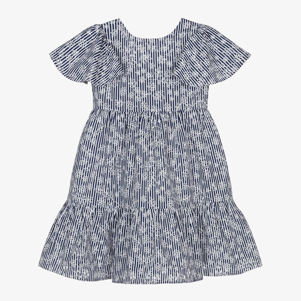 Mayoral-Girls Blue Floral Stripe Cotton Dress | Childrensalon Outlet