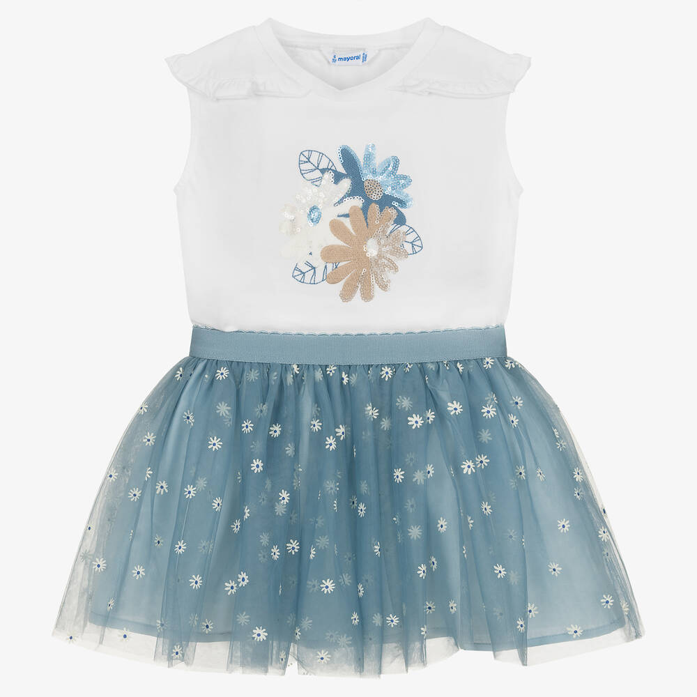 Mayoral - Girls Blue Floral Tulle Skirt Set | Childrensalon