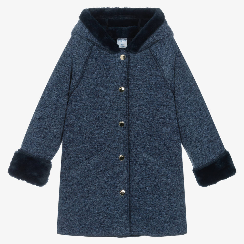 Mayoral - Girls Blue Fur-Trimmed Coat | Childrensalon