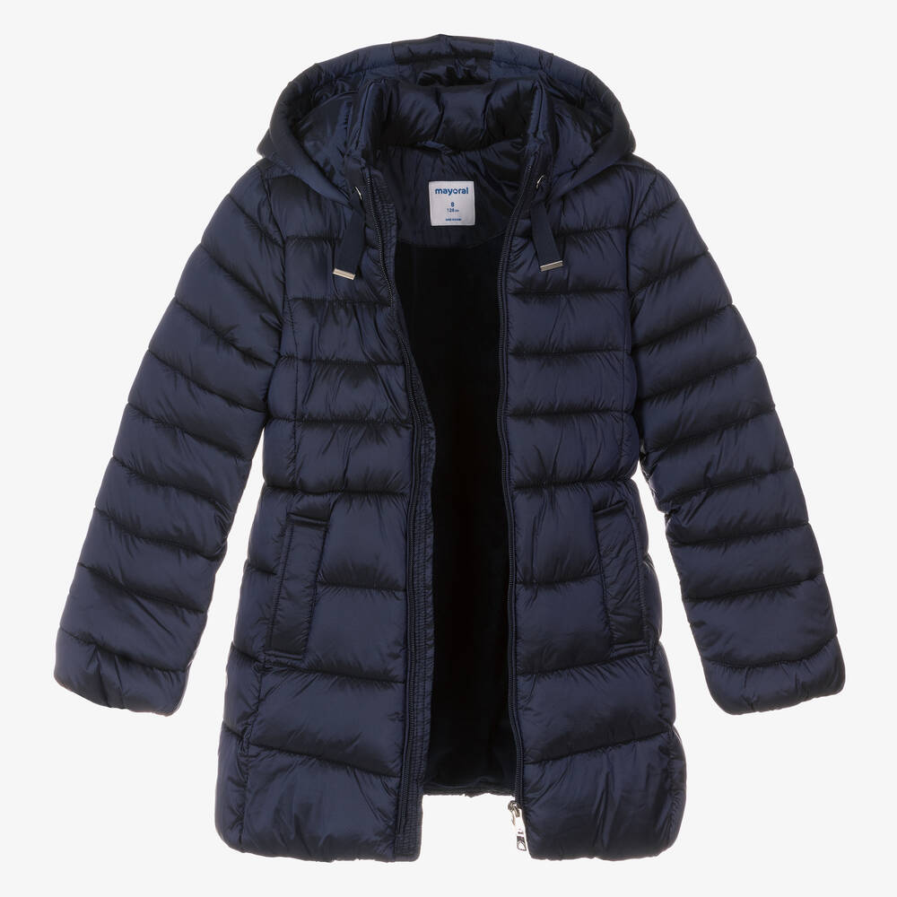 Mayoral-Girls Blue Hooded Puffer Coat | Childrensalon Outlet