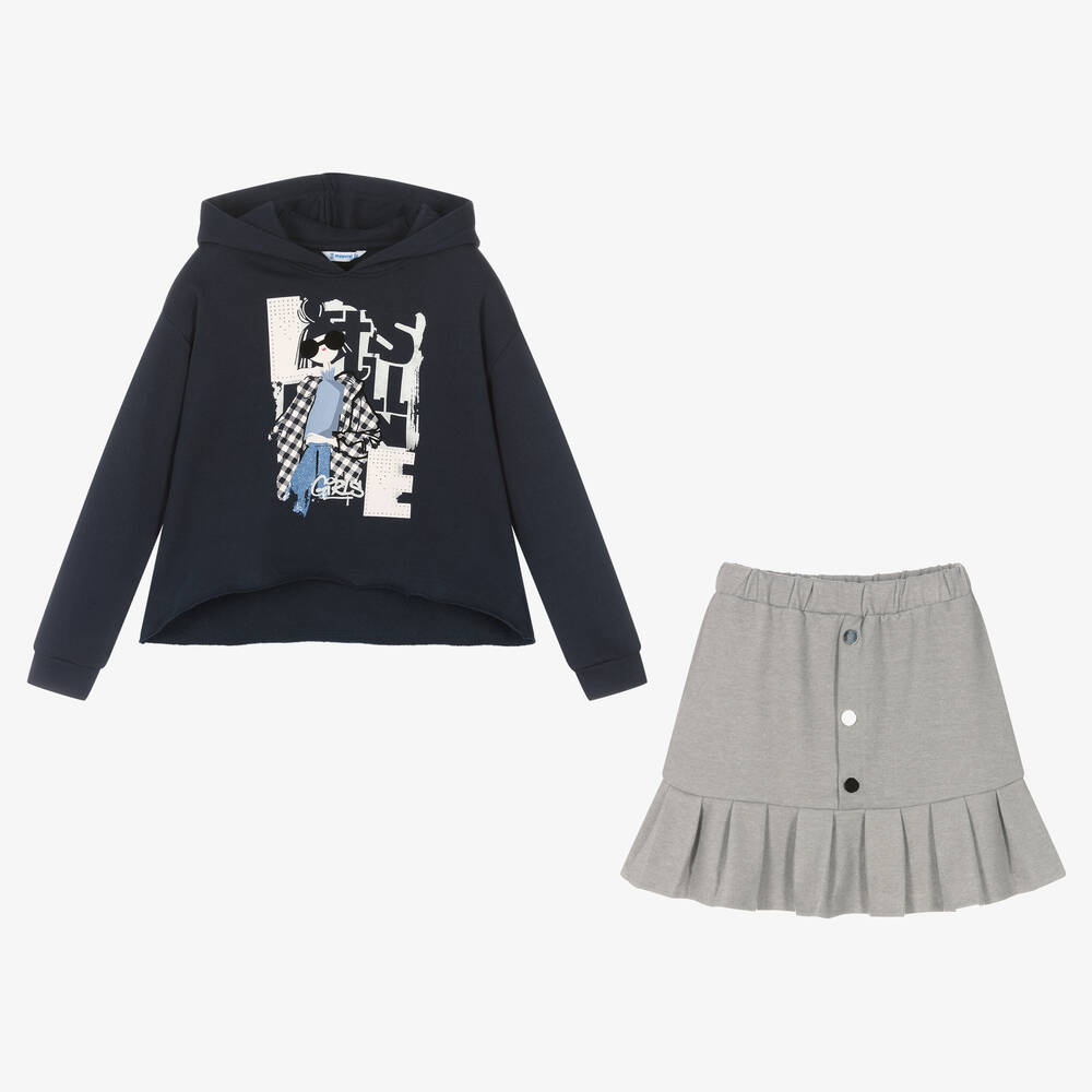 Mayoral-Girls Blue Hoodie & Skirt Set | Childrensalon Outlet