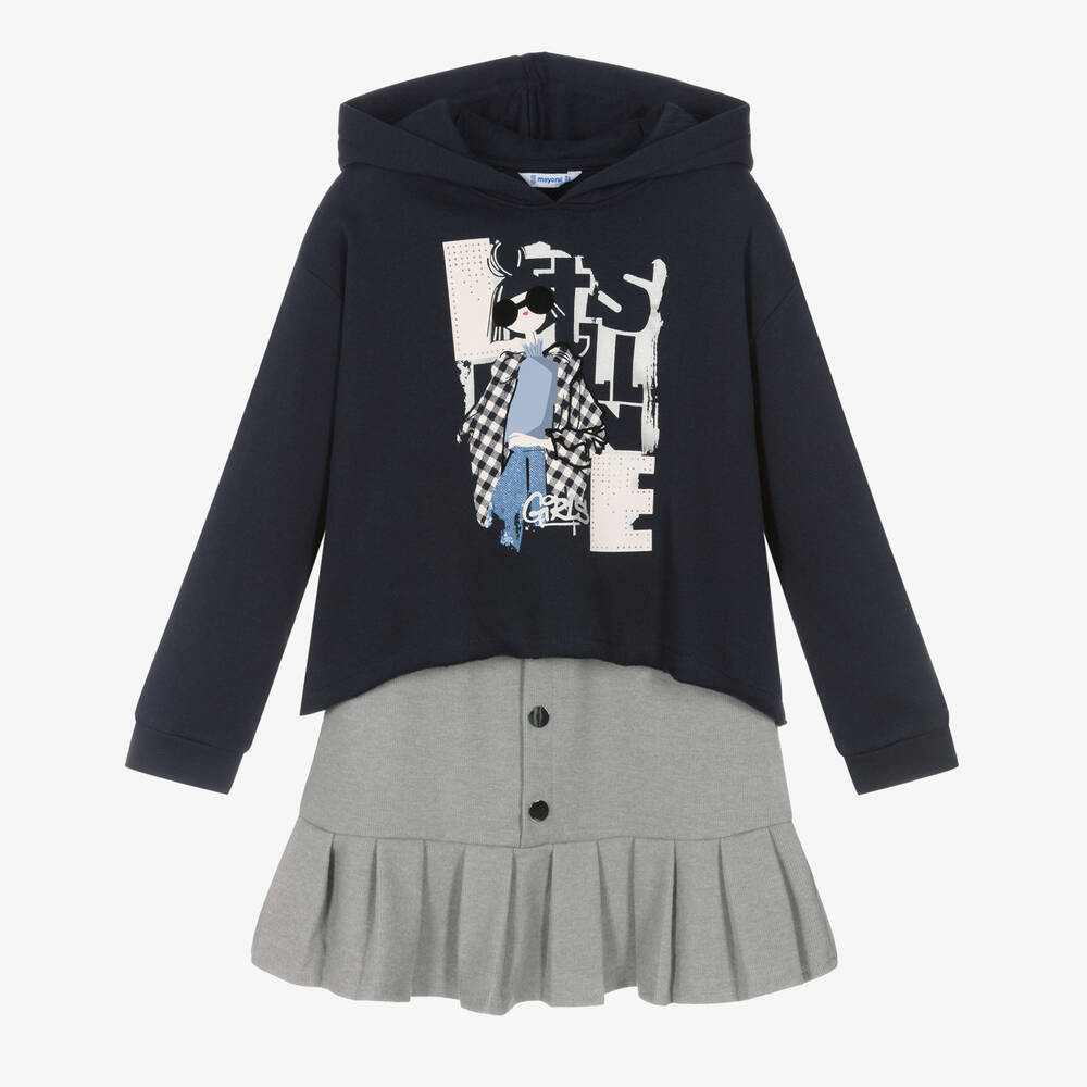 Mayoral - Girls Blue Hoodie & Skirt Set | Childrensalon