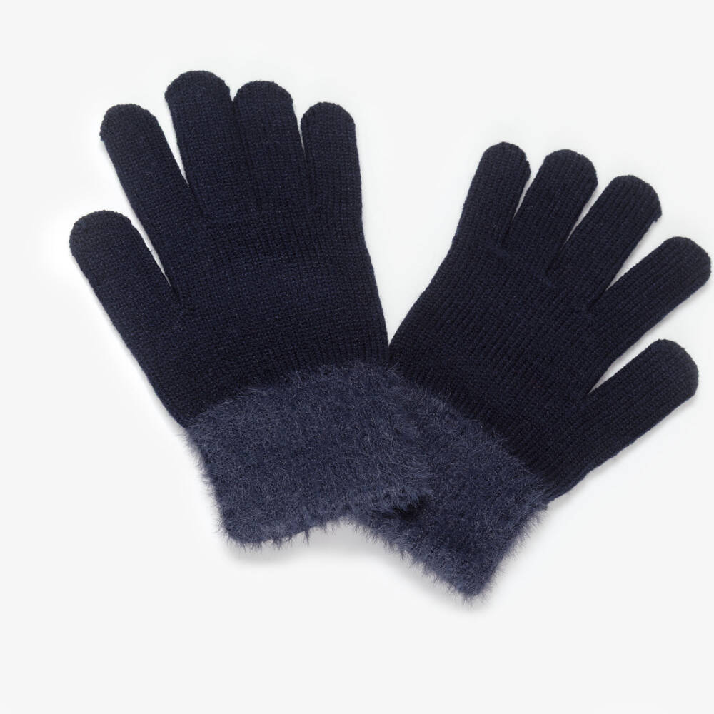 Mayoral-Girls Blue Knitted Gloves with Fluffy Cuffs | Childrensalon Outlet