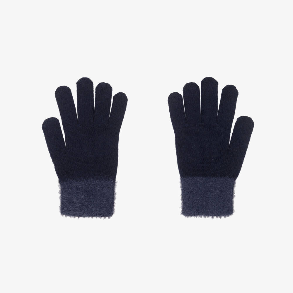 Mayoral-Girls Blue Knitted Gloves with Fluffy Cuffs | Childrensalon Outlet