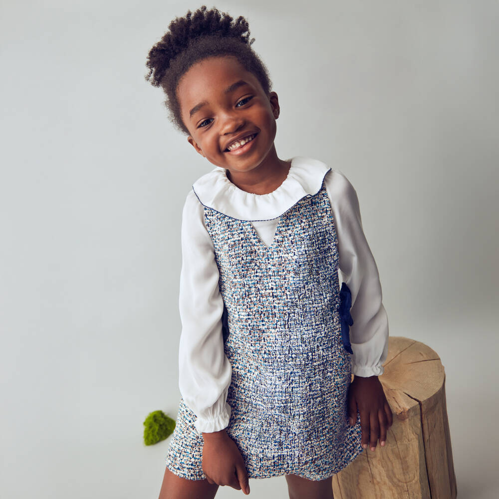 Mayoral-Girls Blue Layered-Look Tweed Dress with Velvet Bows | Childrensalon Outlet