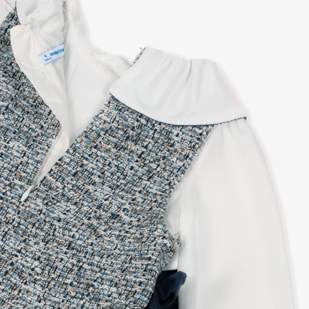 Mayoral-Girls Blue Layered-Look Tweed Dress with Velvet Bows | Childrensalon Outlet
