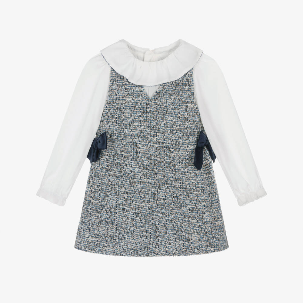Mayoral-Girls Blue Layered-Look Tweed Dress with Velvet Bows | Childrensalon Outlet