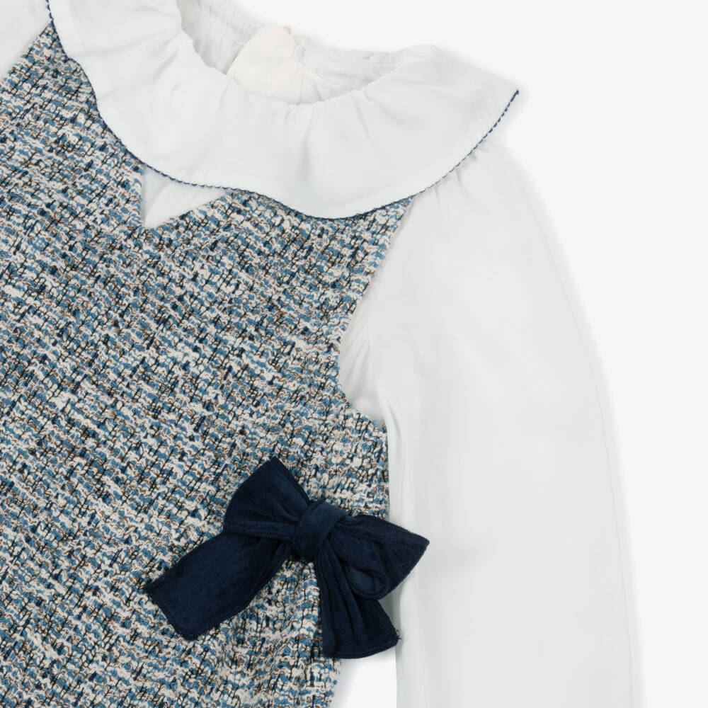 Mayoral-Girls Blue Layered-Look Tweed Dress with Velvet Bows | Childrensalon Outlet