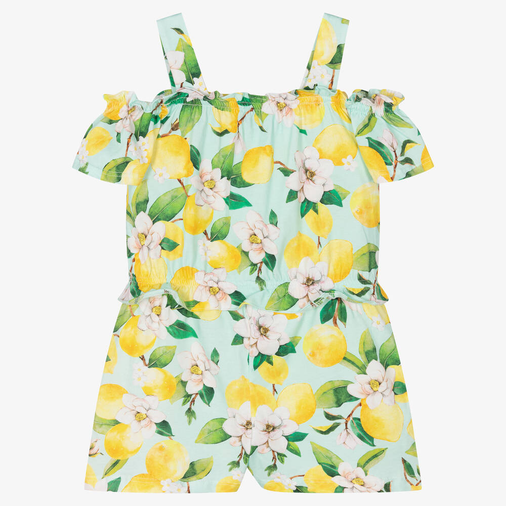 Mayoral-Girls Blue Lemon Print Cotton Playsuit | Childrensalon Outlet