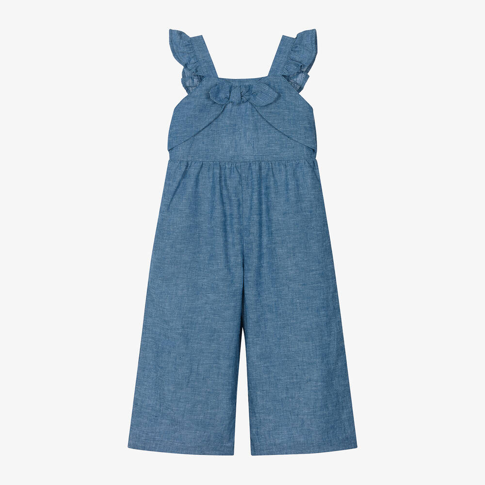 Mayoral-Girls Blue Linen & Cotton Bow Jumpsuit | Childrensalon Outlet