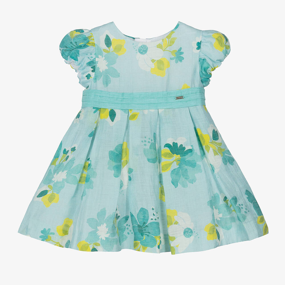 Mayoral-Girls Blue Linen Floral Dress | Childrensalon Outlet