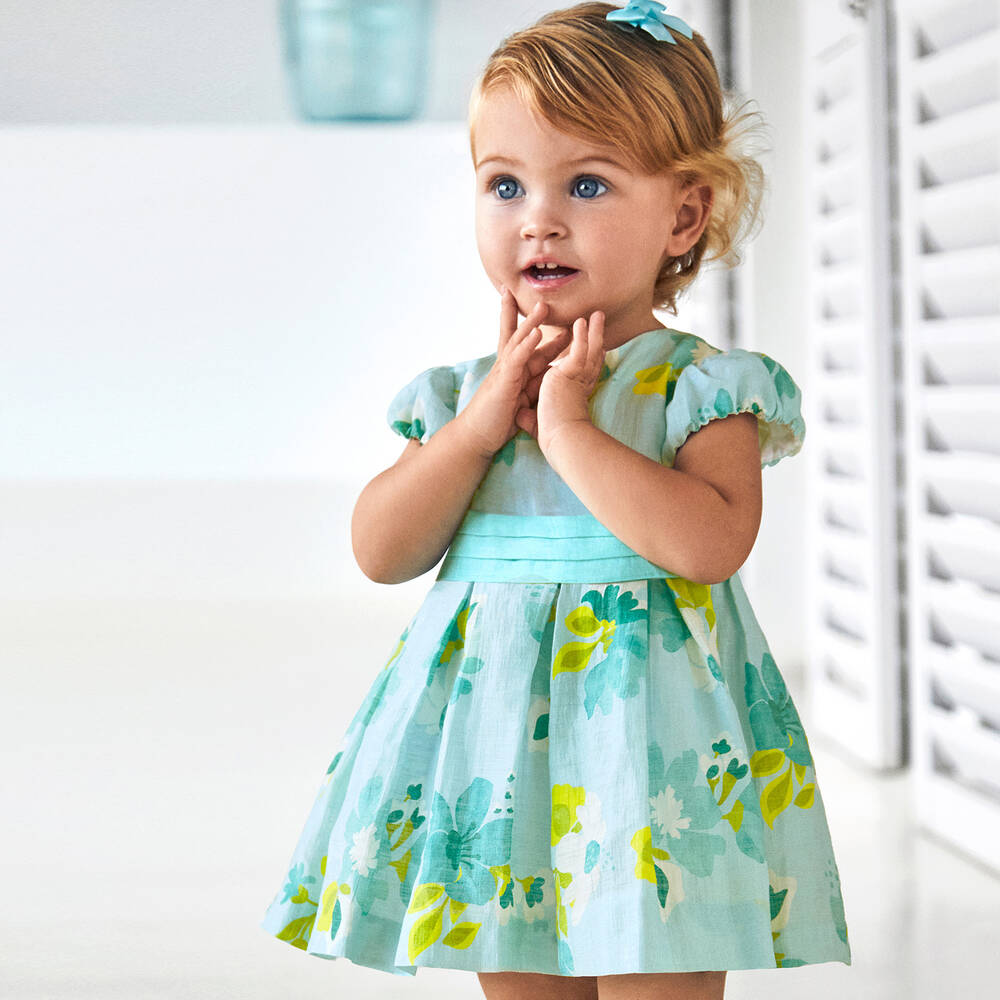 Mayoral-فستان قطن وكتان لون أزرق أكوا بطبعة ورود | Childrensalon Outlet