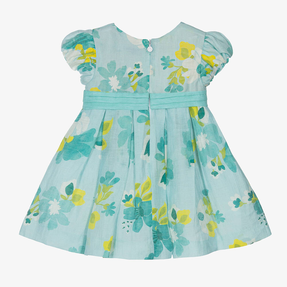 Mayoral-فستان قطن وكتان لون أزرق أكوا بطبعة ورود | Childrensalon Outlet