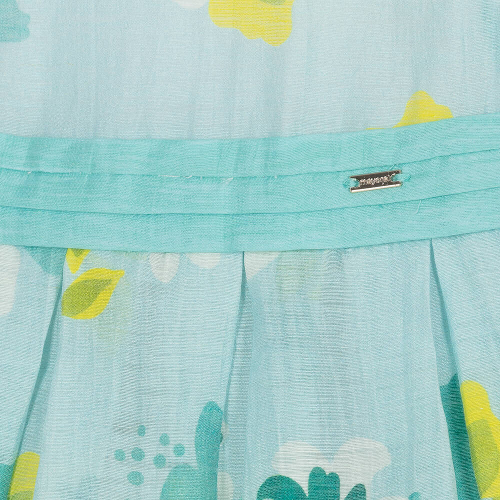 Mayoral-فستان قطن وكتان لون أزرق أكوا بطبعة ورود | Childrensalon Outlet