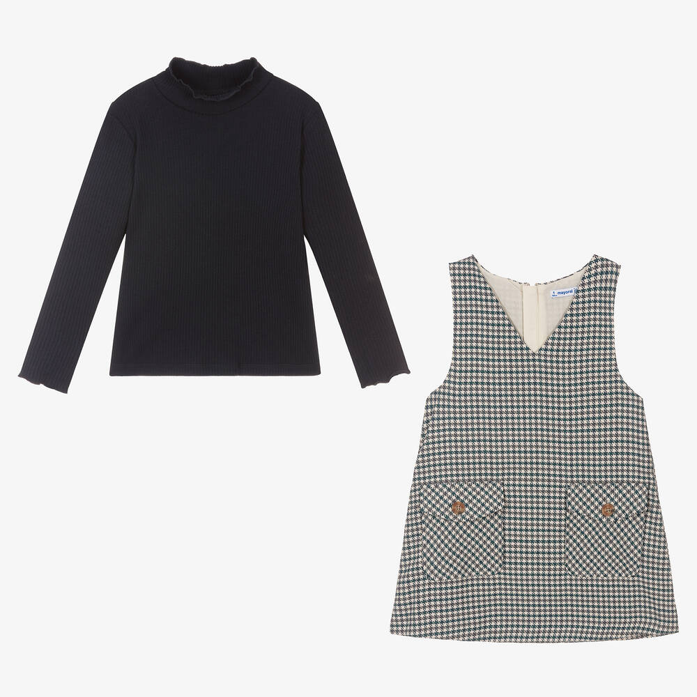 Mayoral-Girls Blue Pinafore Dress Set | Childrensalon Outlet