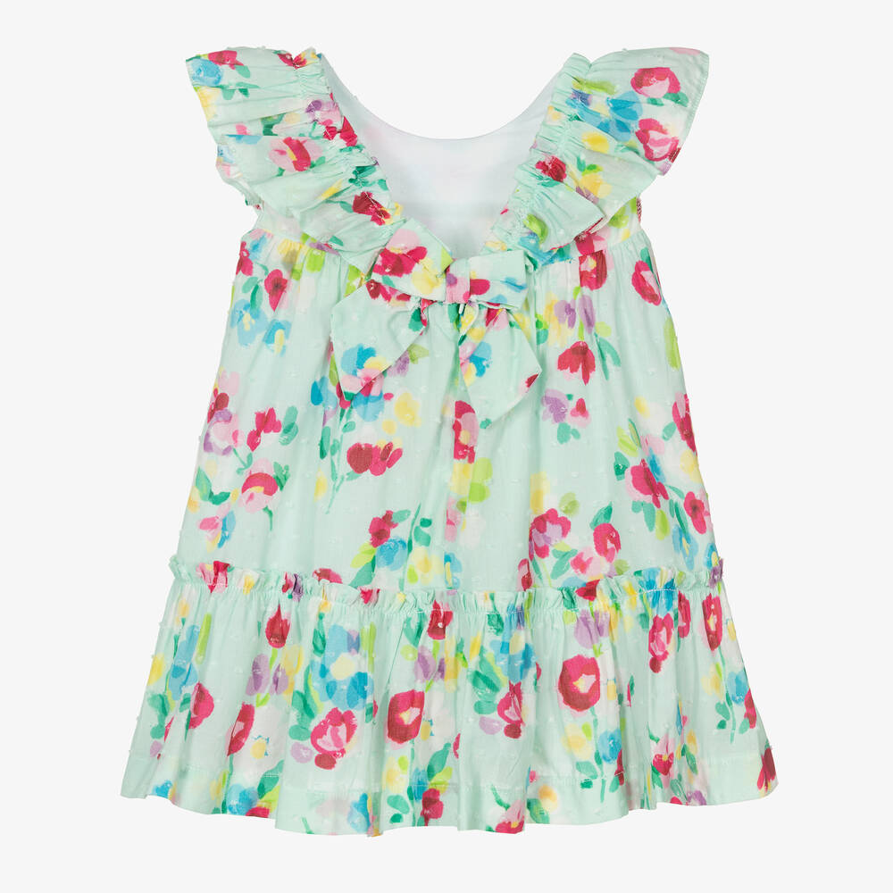 Mayoral-Розово-голубое хлопковое платье с цветами | Childrensalon Outlet