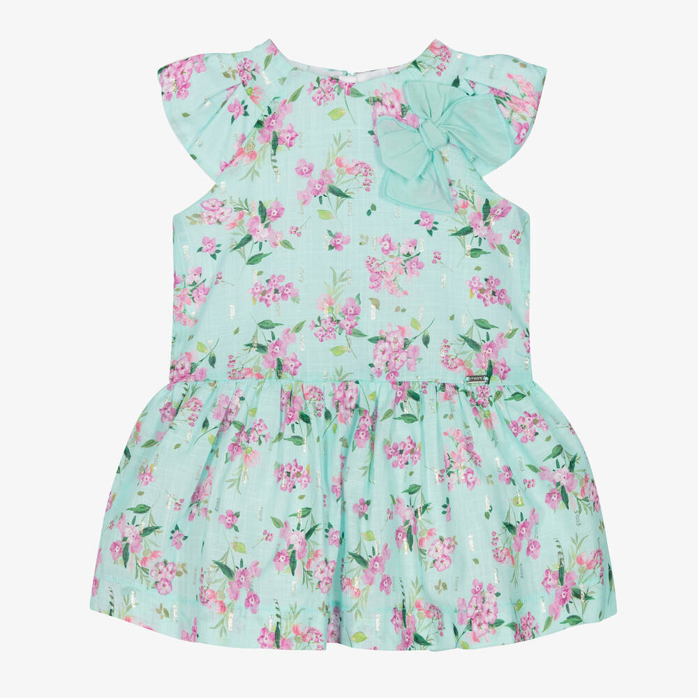 Mayoral - Robe bleue et rose à fleurs fille  | Childrensalon