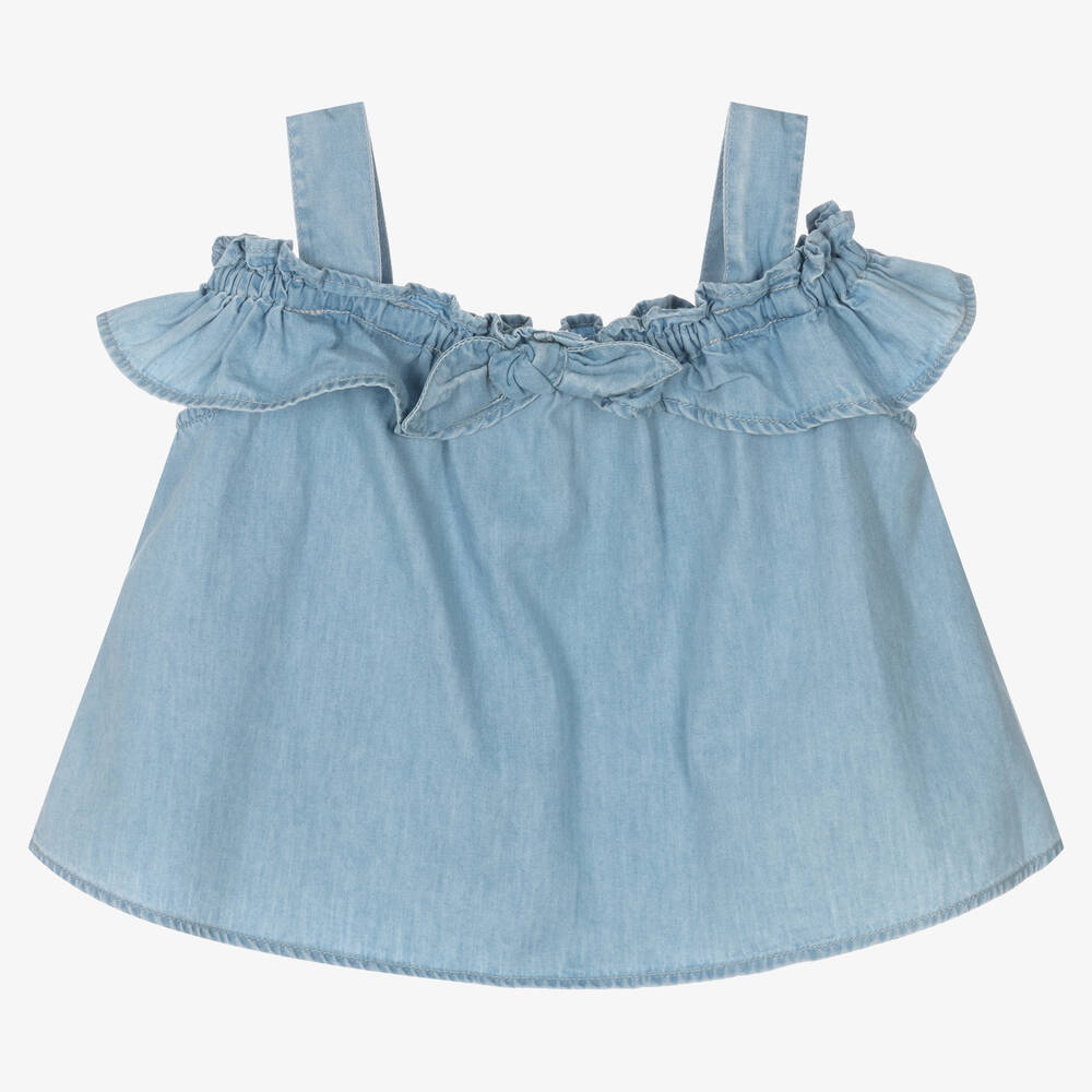 Mayoral - Girls Blue Ruffled Chambray Blouse | Childrensalon