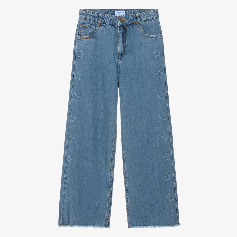 Mayoral-Girls Blue Star Denim Wide Leg Jeans | Childrensalon Outlet