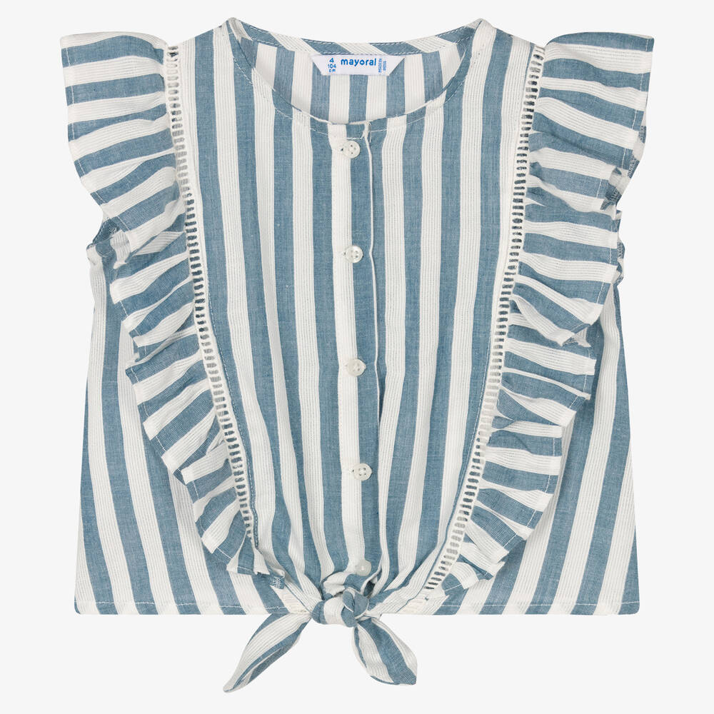 Mayoral - Girls Blue Stripe Cotton Blouse | Childrensalon