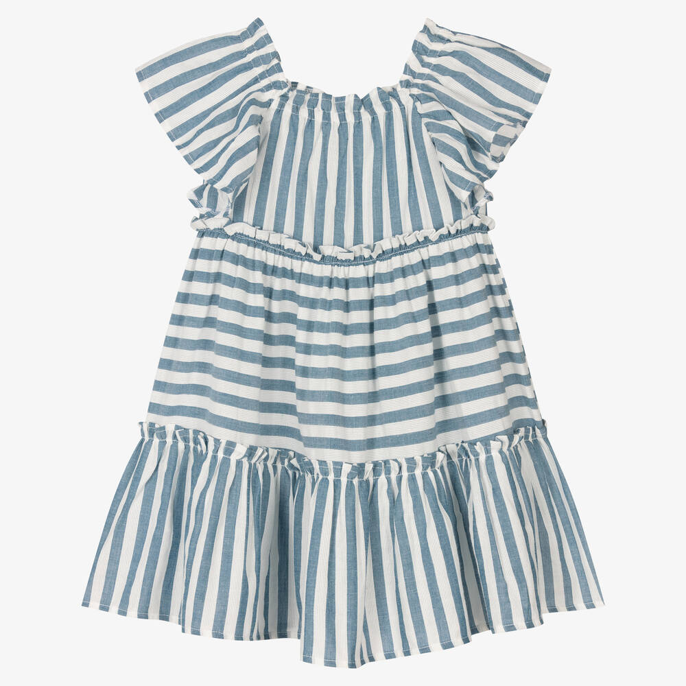 Mayoral - Robe bleue rayée en coton fille | Childrensalon