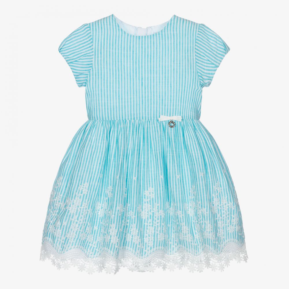 Mayoral - Голубое льняное платье в полоску для девочек | Childrensalon