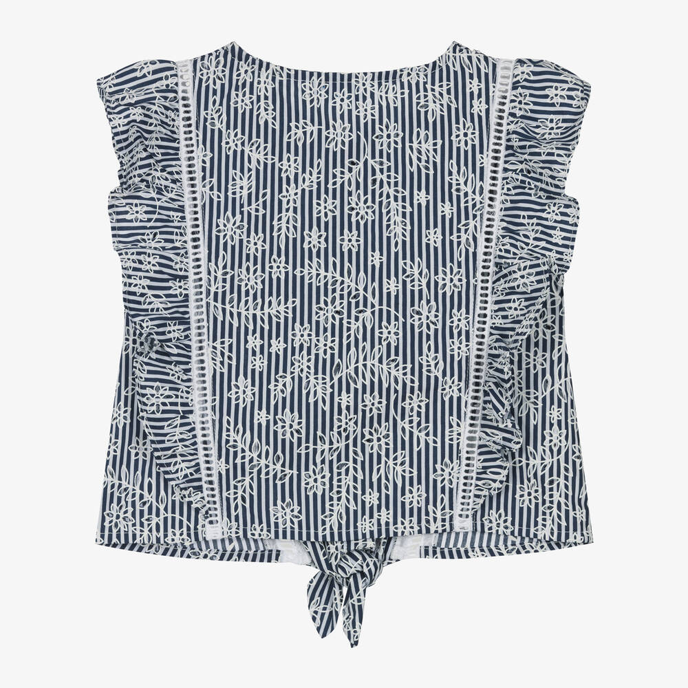 Mayoral-Girls Blue Striped Cotton Blouse | Childrensalon Outlet