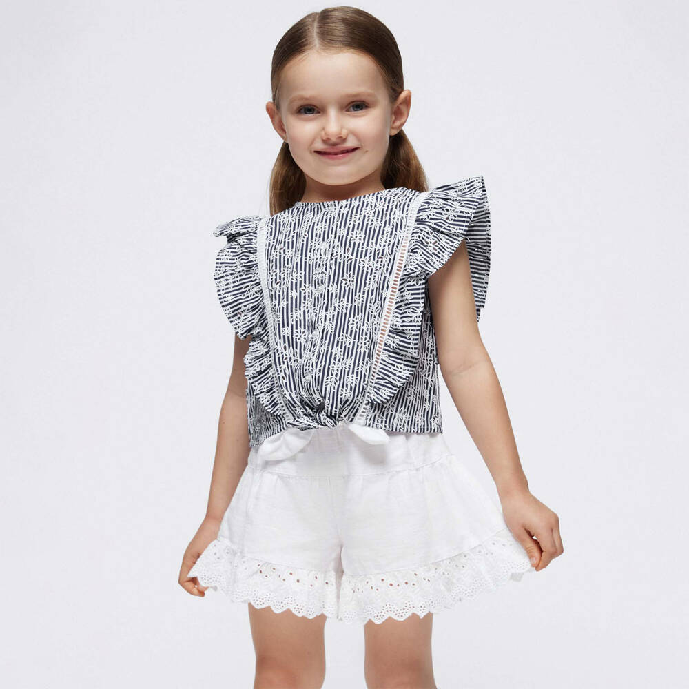 Mayoral-Girls Blue Striped Cotton Blouse | Childrensalon Outlet