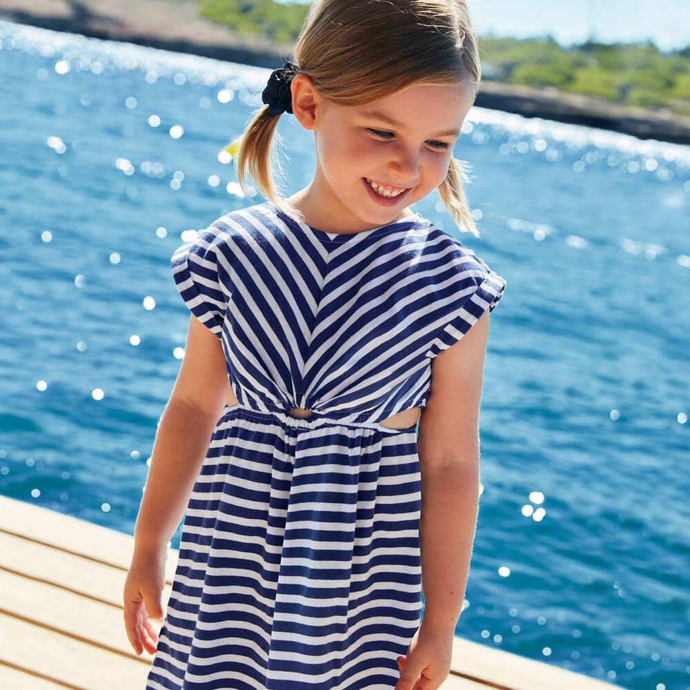 Mayoral-فستان قطن مقلم لون أزرق وأبيض | Childrensalon Outlet