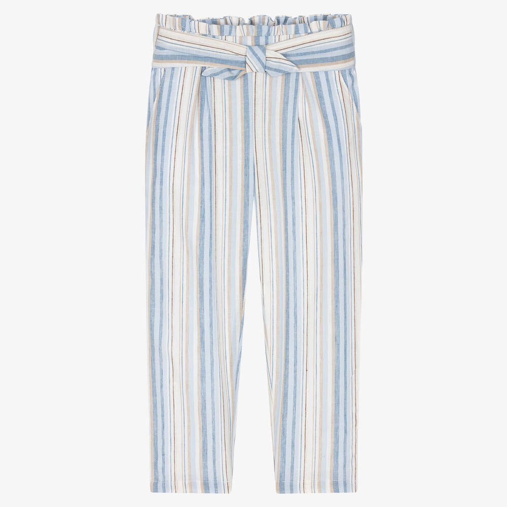 Mayoral - Girls Blue Striped Linen Trousers | Childrensalon