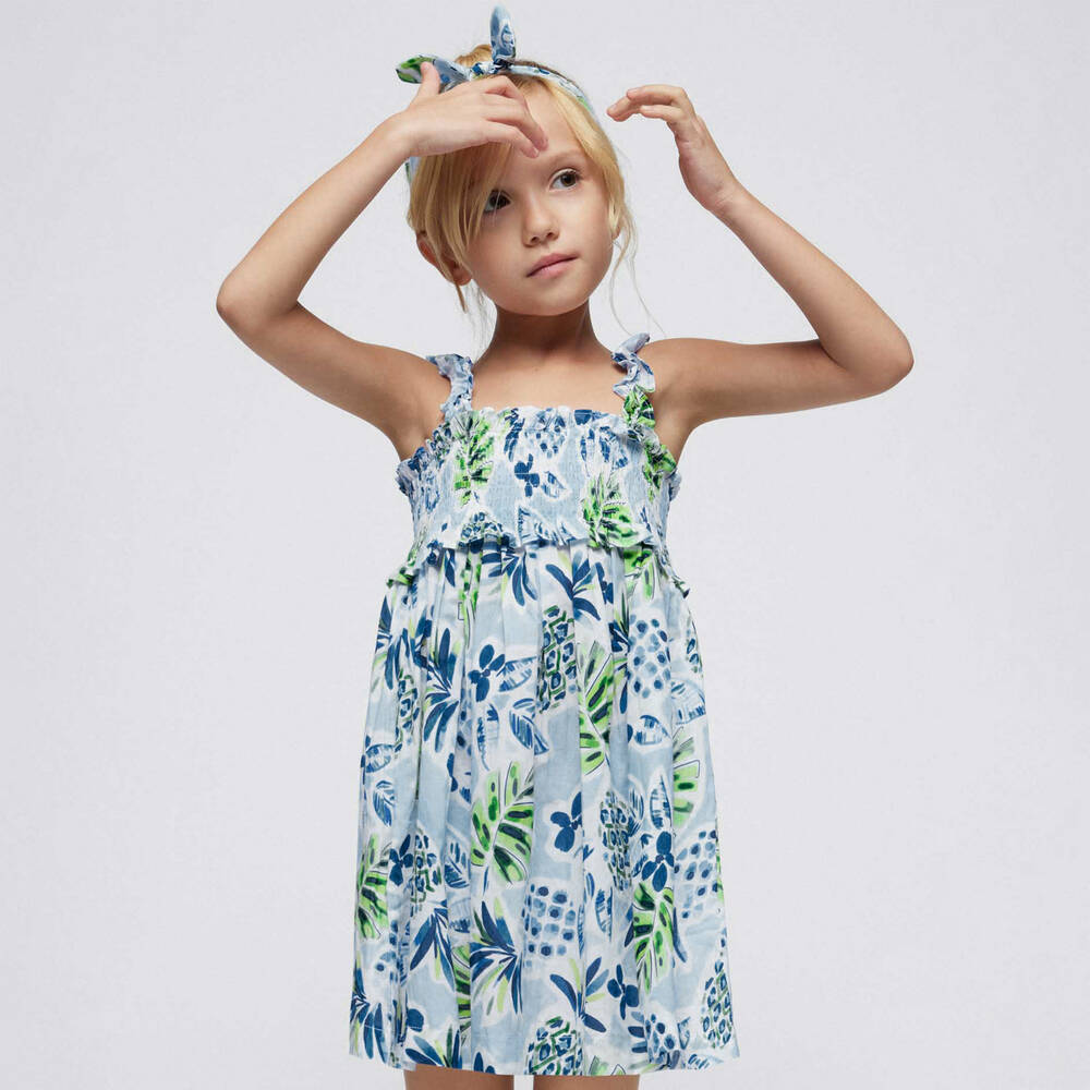 Mayoral-Girls Blue Tropical Cotton Dress Set | Childrensalon Outlet