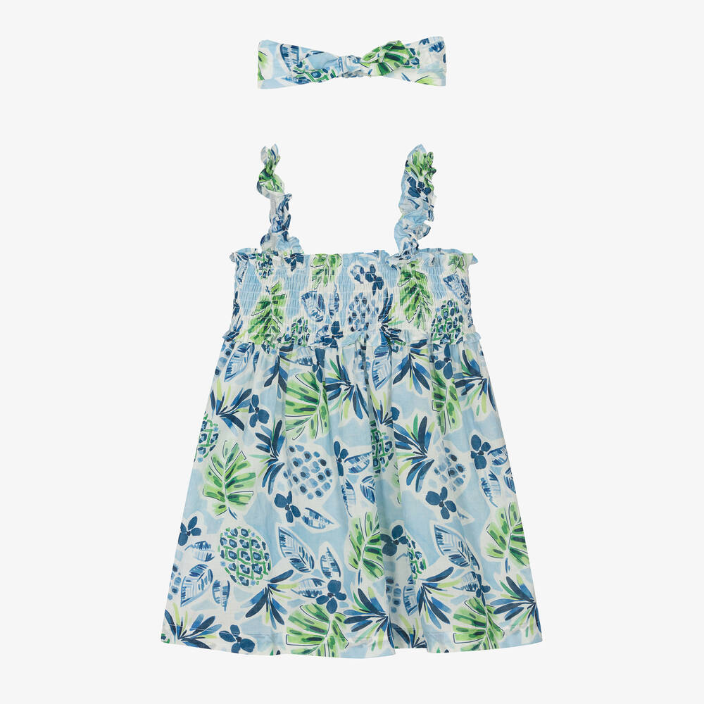 Mayoral-Girls Blue Tropical Cotton Dress Set | Childrensalon Outlet