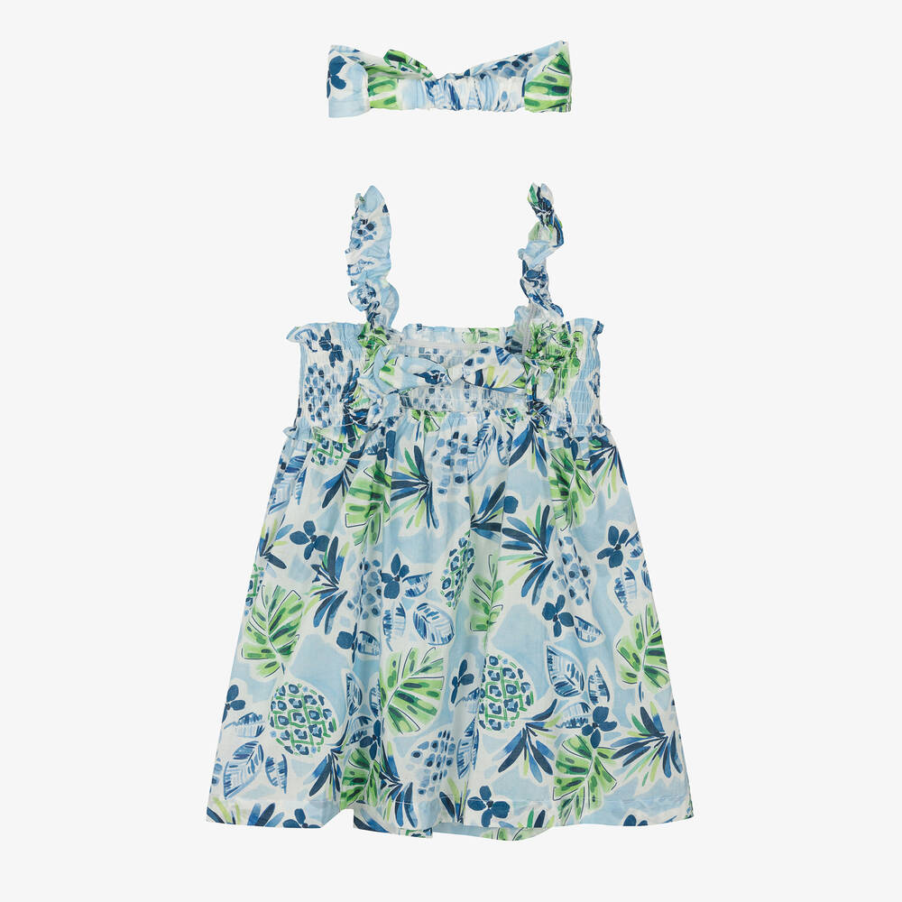 Mayoral-Girls Blue Tropical Cotton Dress Set | Childrensalon Outlet
